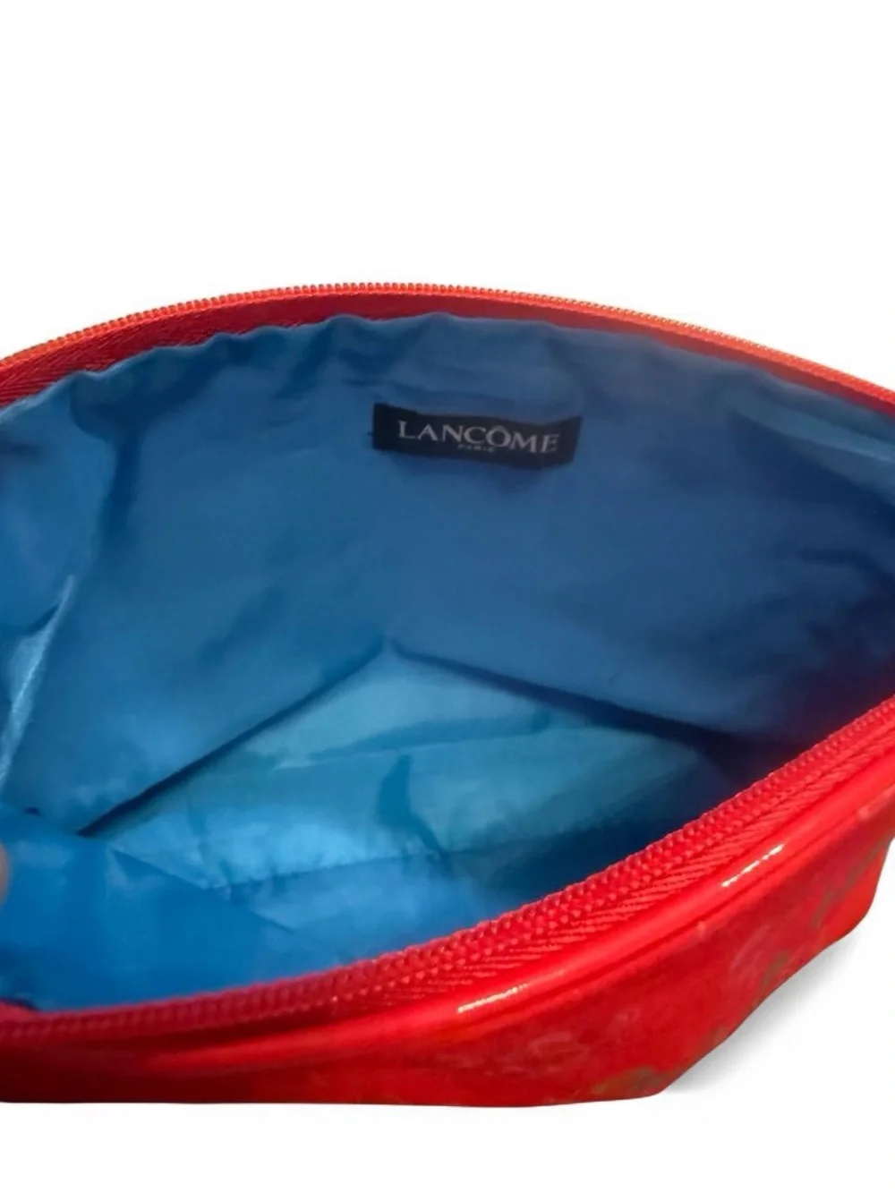 Lancome Red Cosmetic Zip-Up Pouch with Blue Lining and Designs